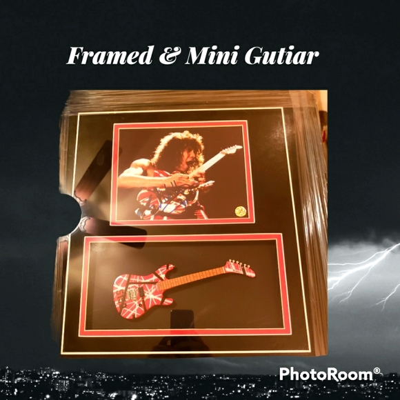 Framed matted replica eddie van halen auto with mini gutiar